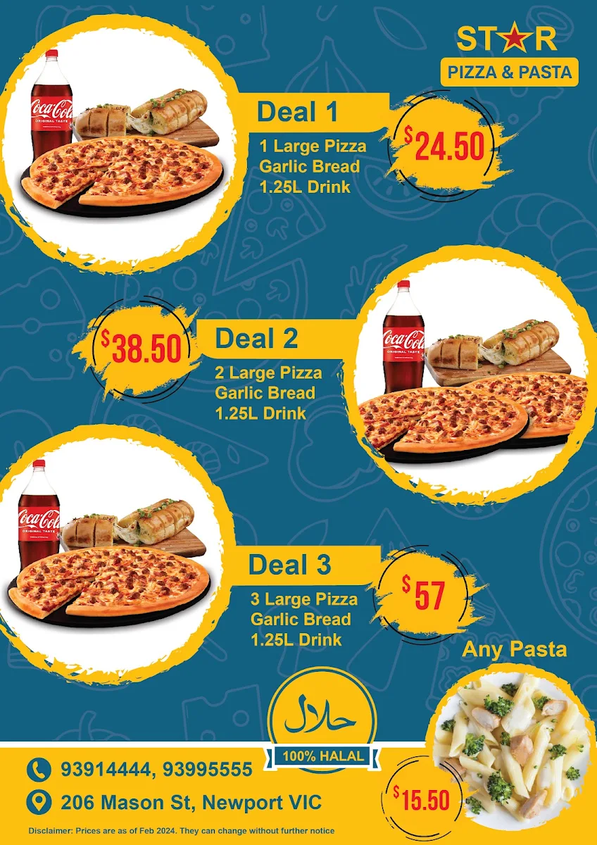 Menu, Star Pizza & Pasta