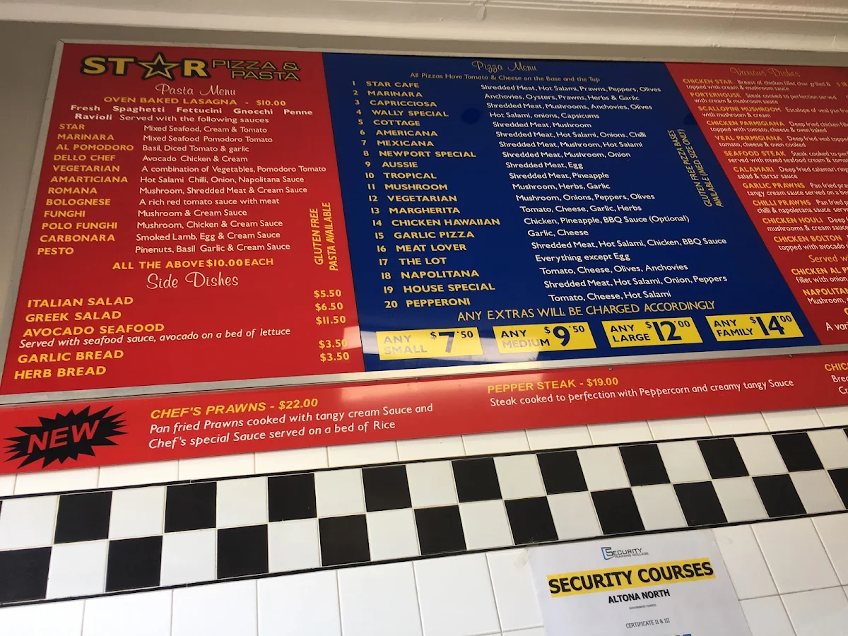 Menu, Star Pizza & Pasta