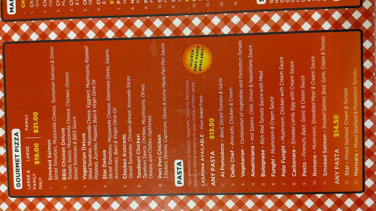 Menu, Star Pizza & Pasta