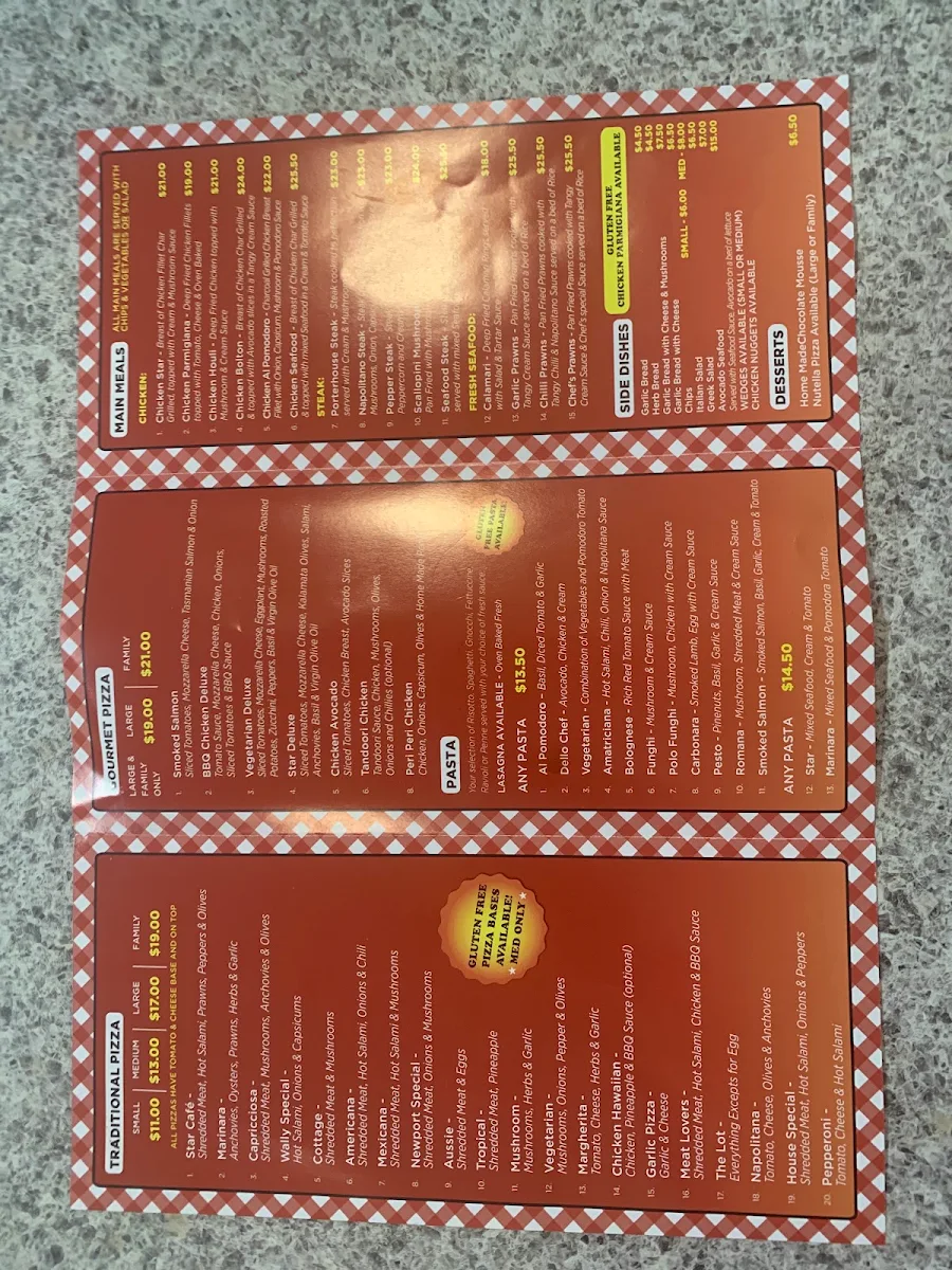 Menu, Star Pizza & Pasta