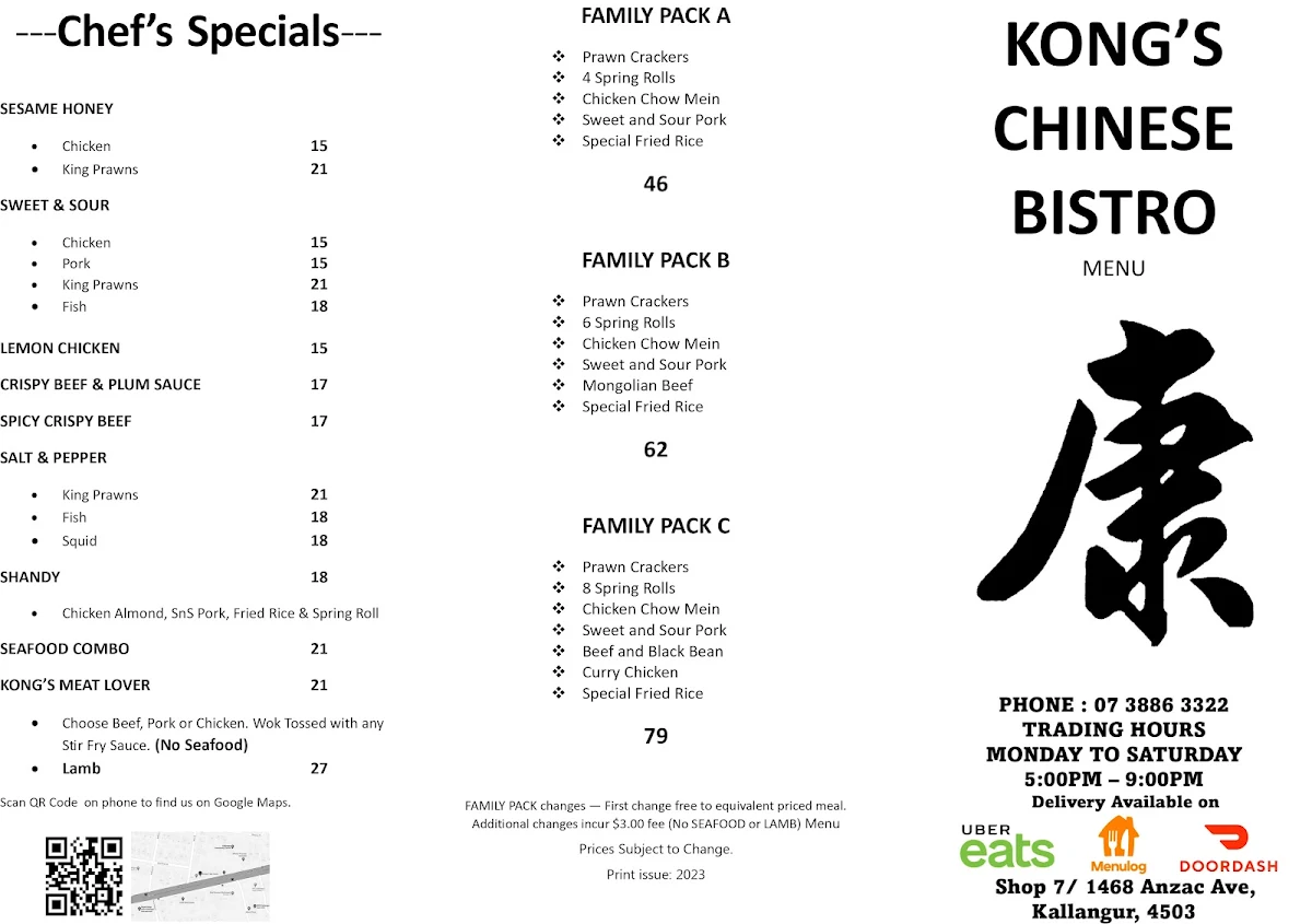 Menu, Kongs Take Away