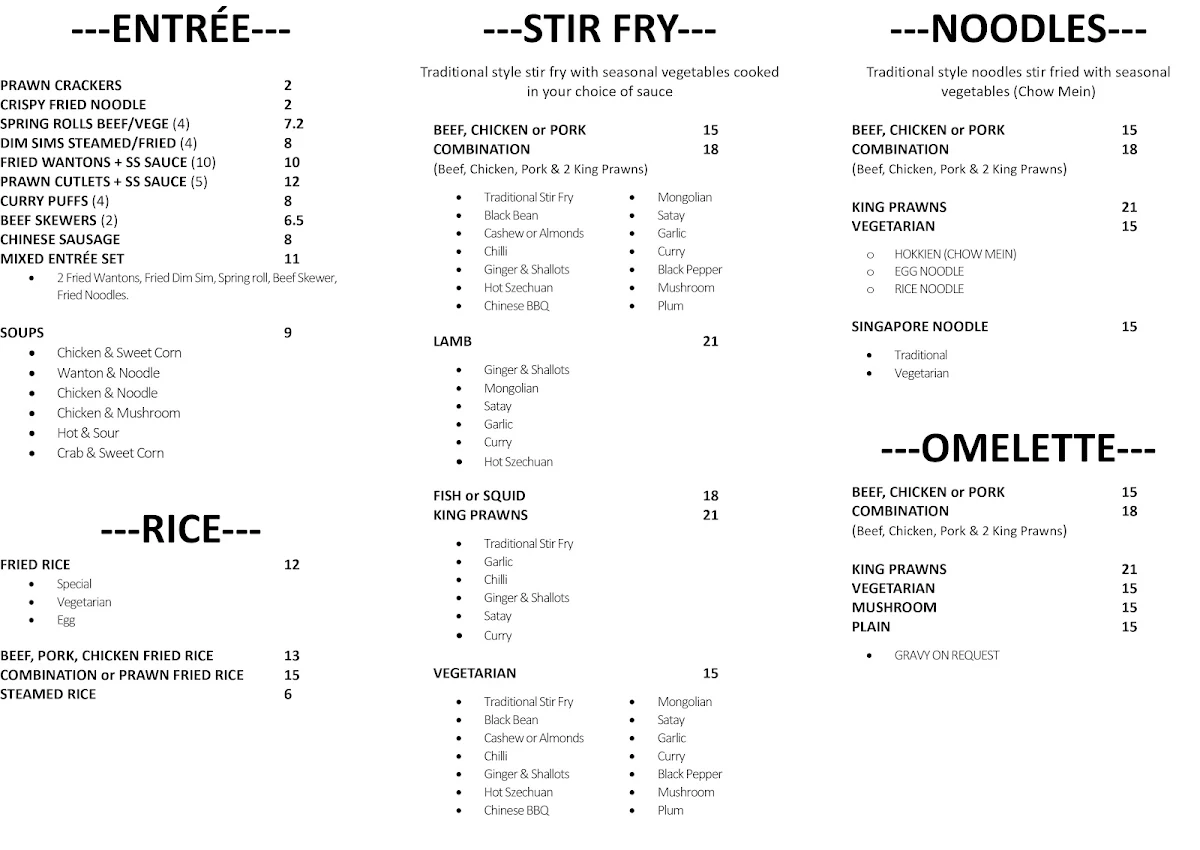 Menu, Kongs Take Away