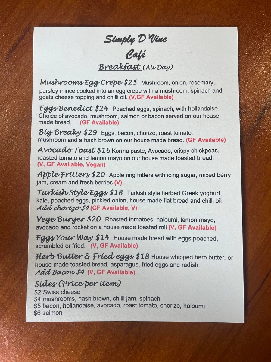 Menu, Simply D'Vine Cafe