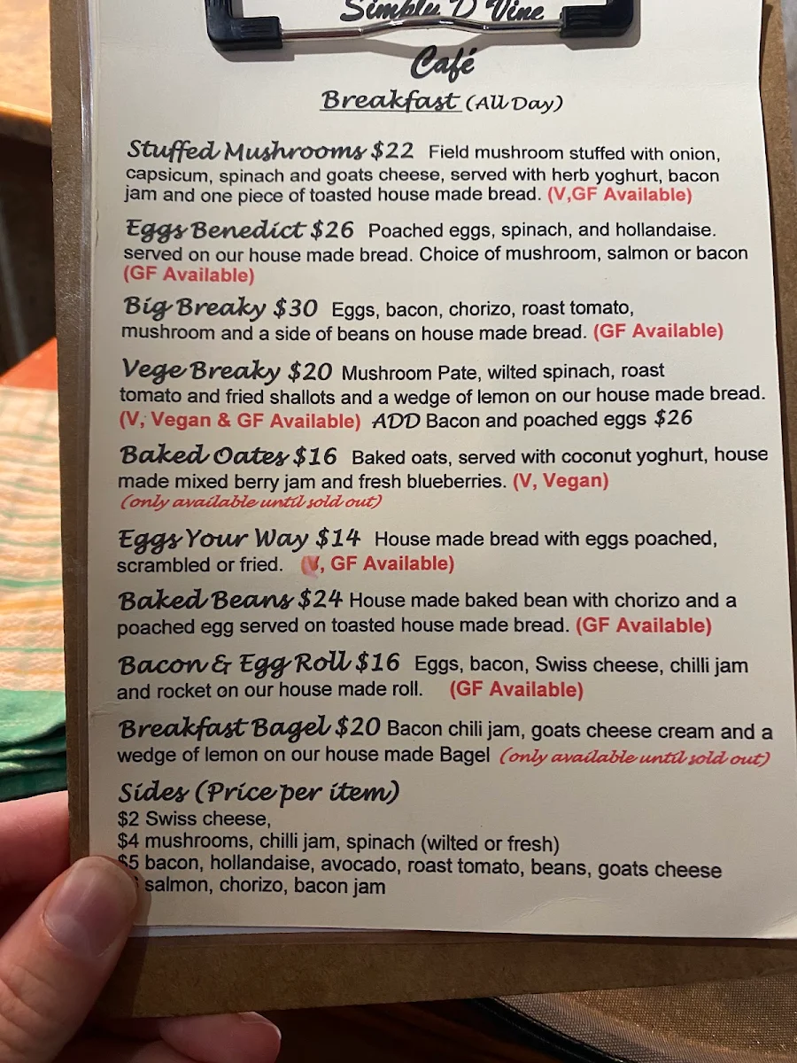 Menu, Simply D'Vine Cafe