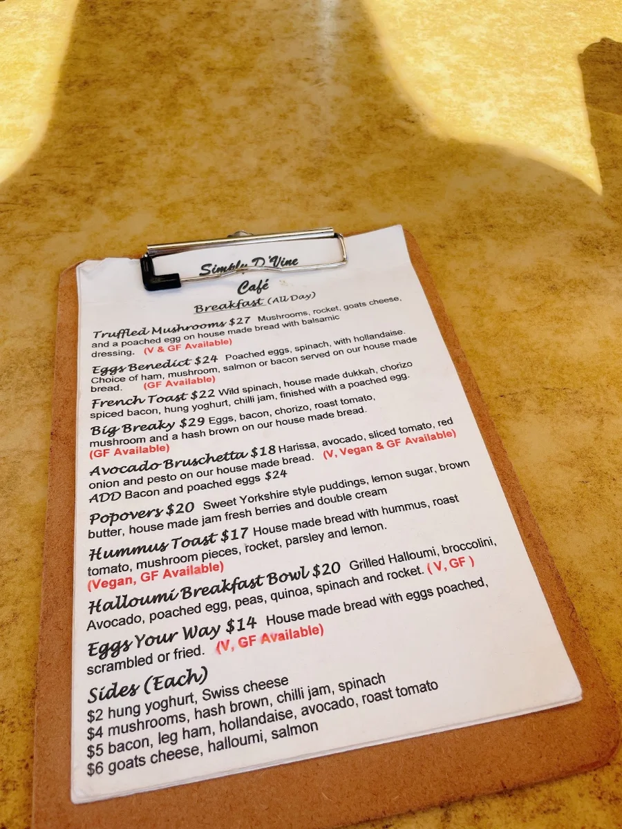 Menu, Simply D'Vine Cafe