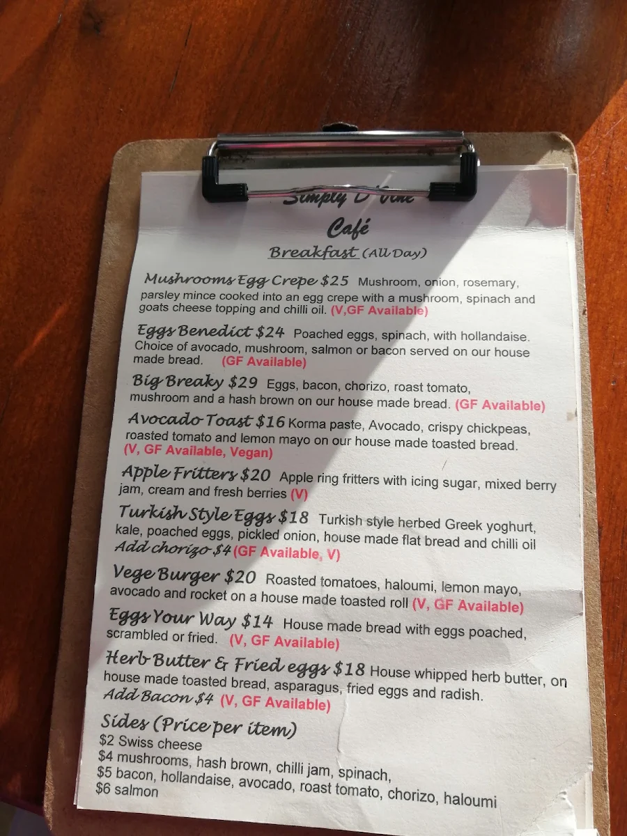 Menu, Simply D'Vine Cafe