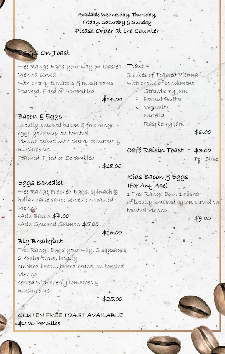 Menu, Hillside Cafe