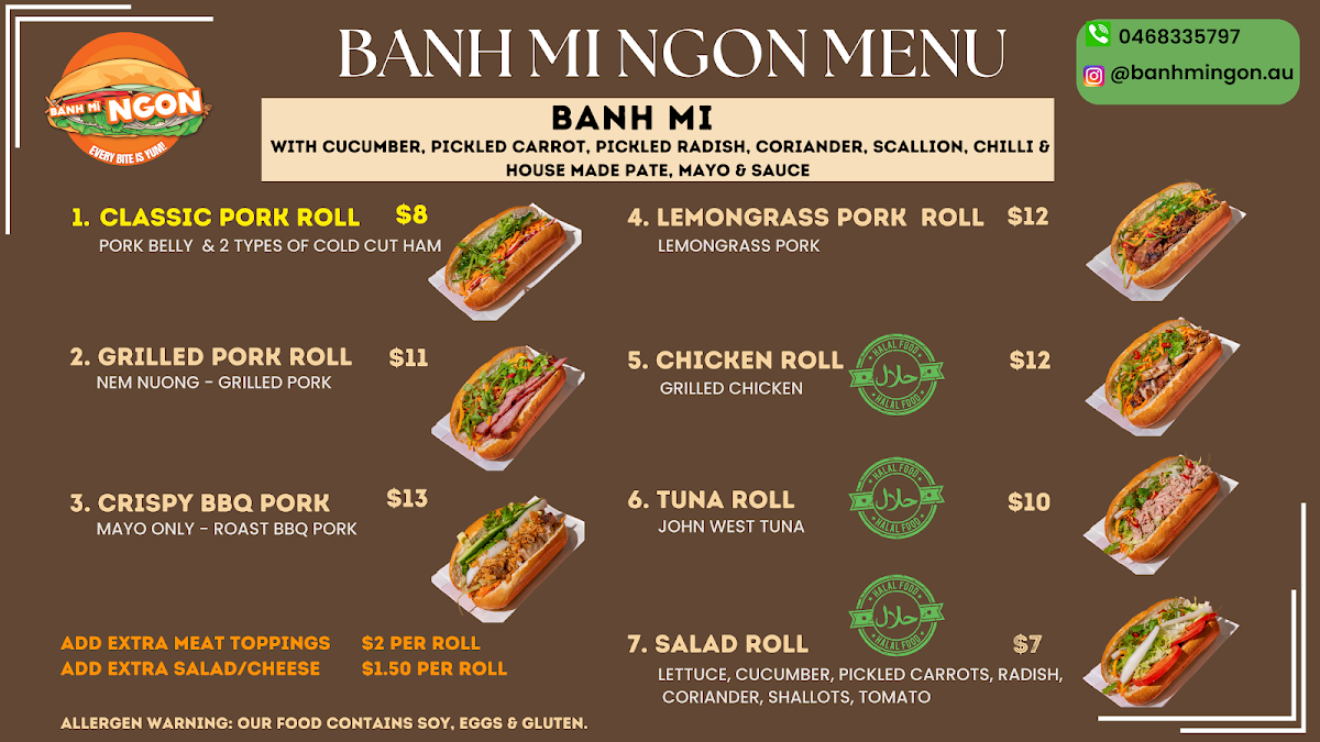 Menu, Banh Mì Ngon Lidcombe