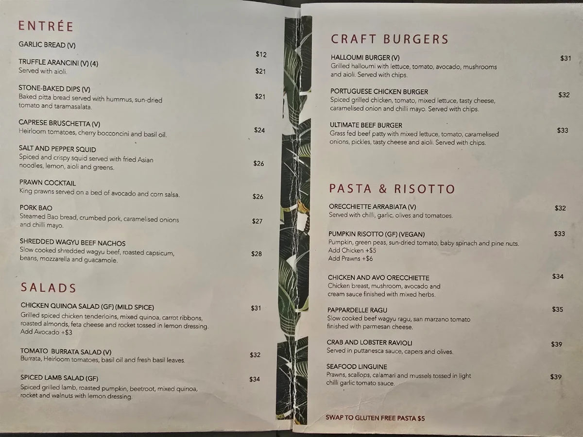 Menu, Planar Restaurant