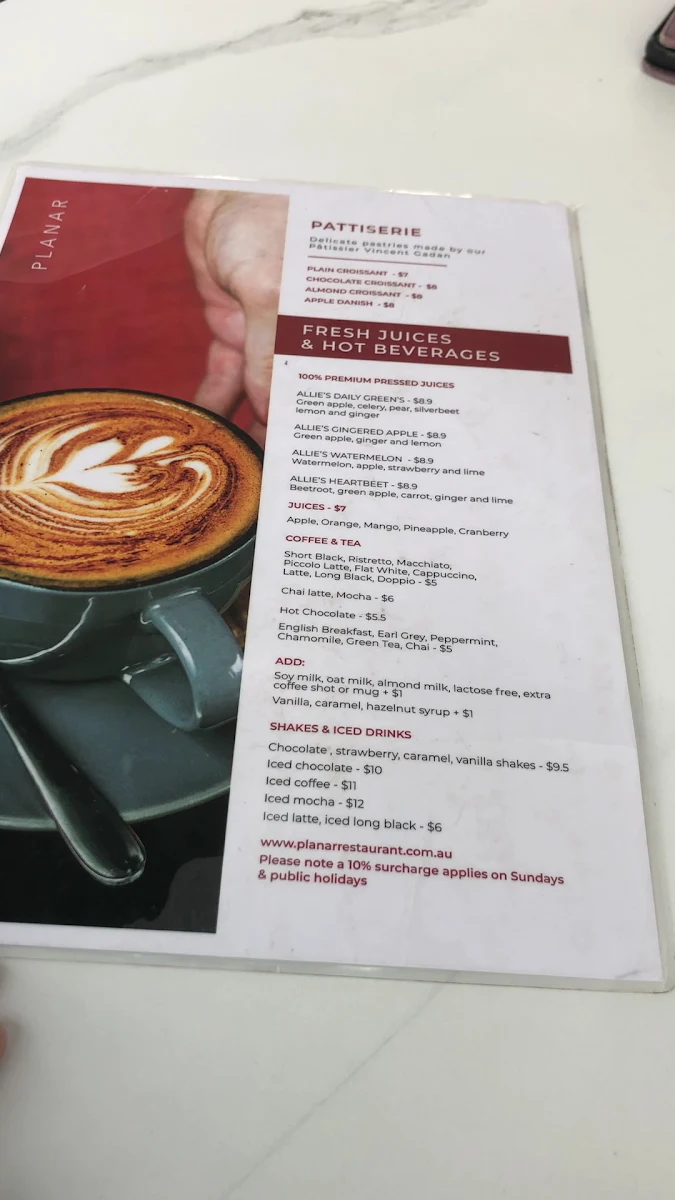 Menu, Planar Restaurant