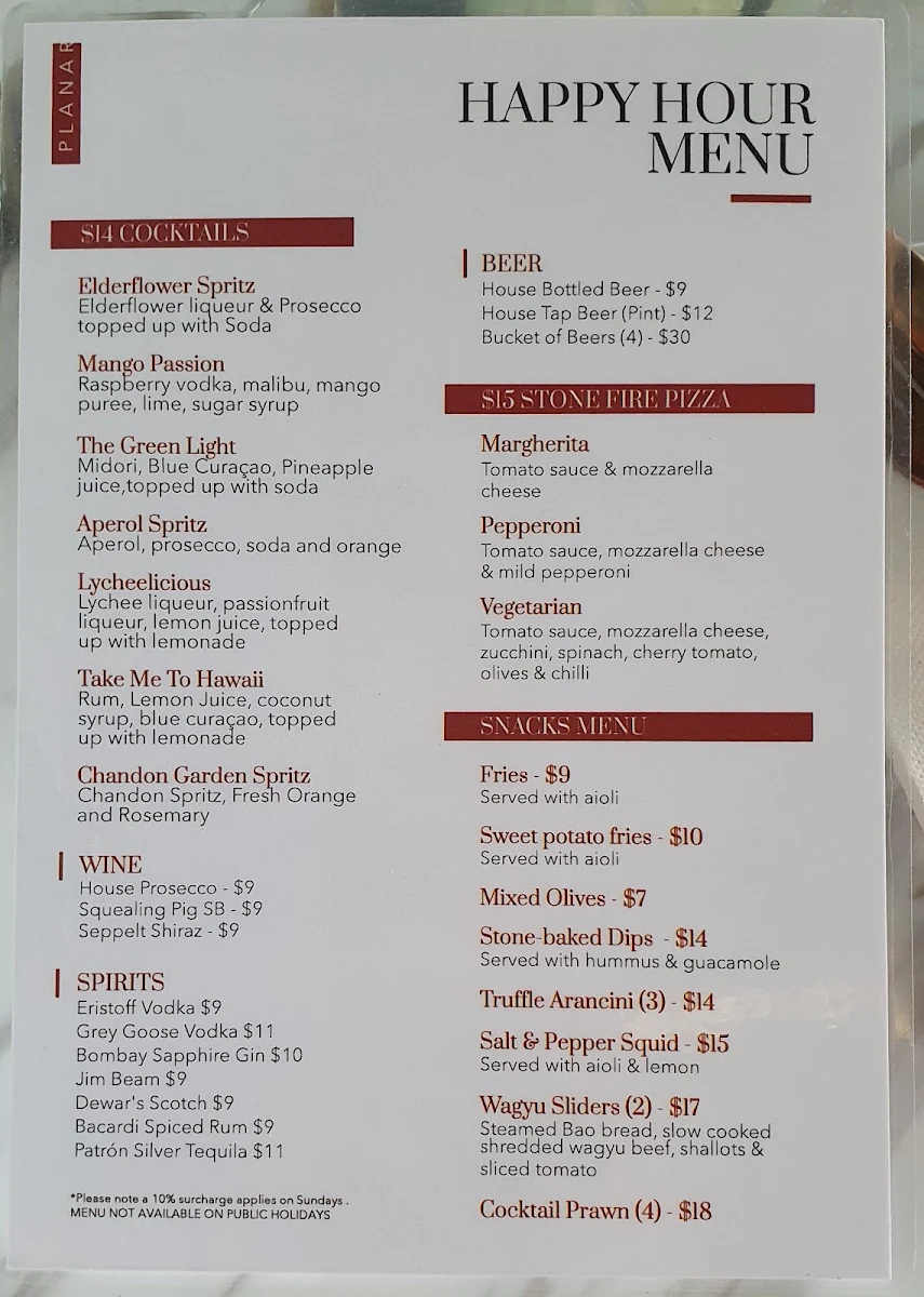 Menu, Planar Restaurant