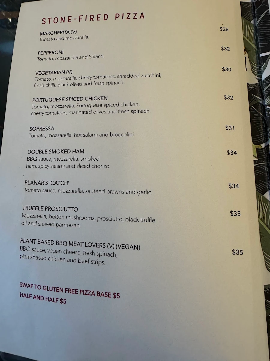 Menu, Planar Restaurant