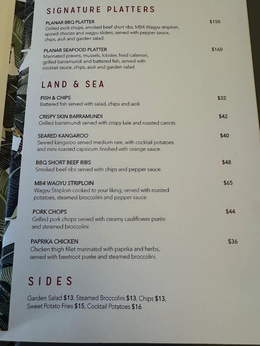 Menu, Planar Restaurant