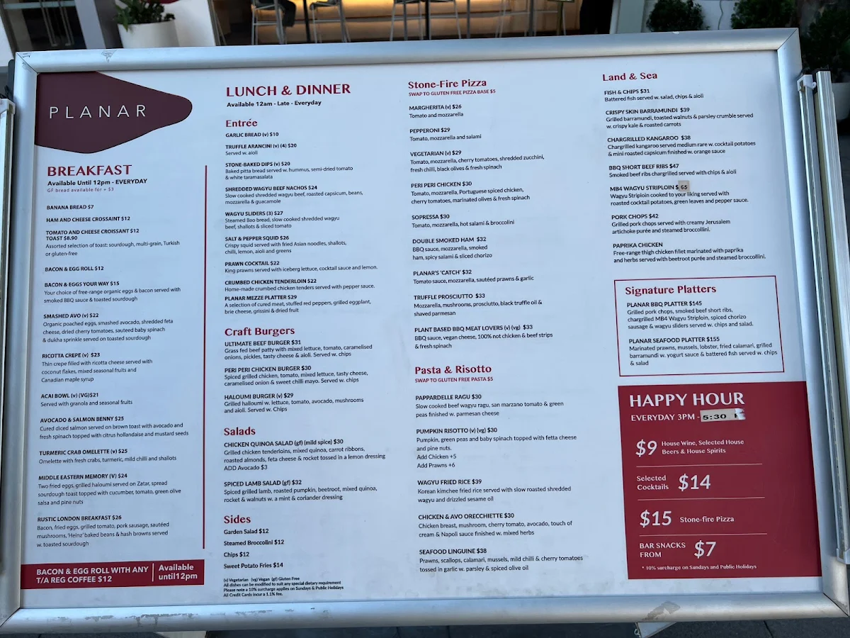 Menu, Planar Restaurant