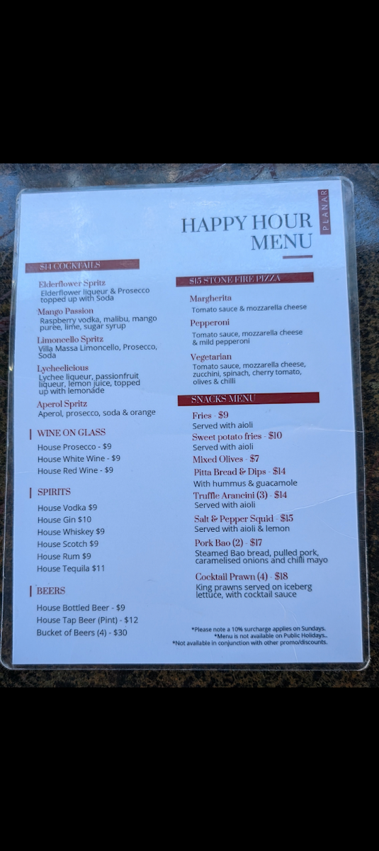 Menu, Planar Restaurant
