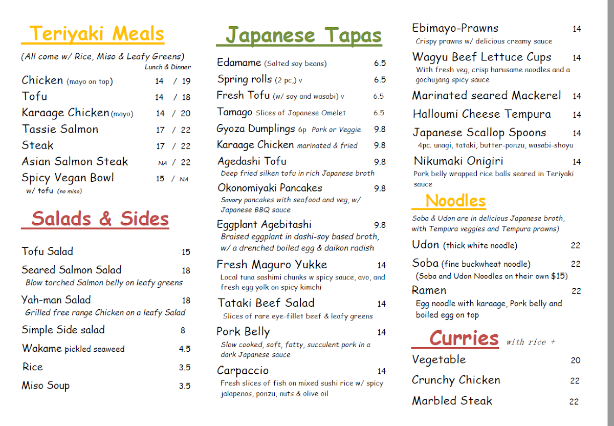 Menu, Sushi Yah-man
