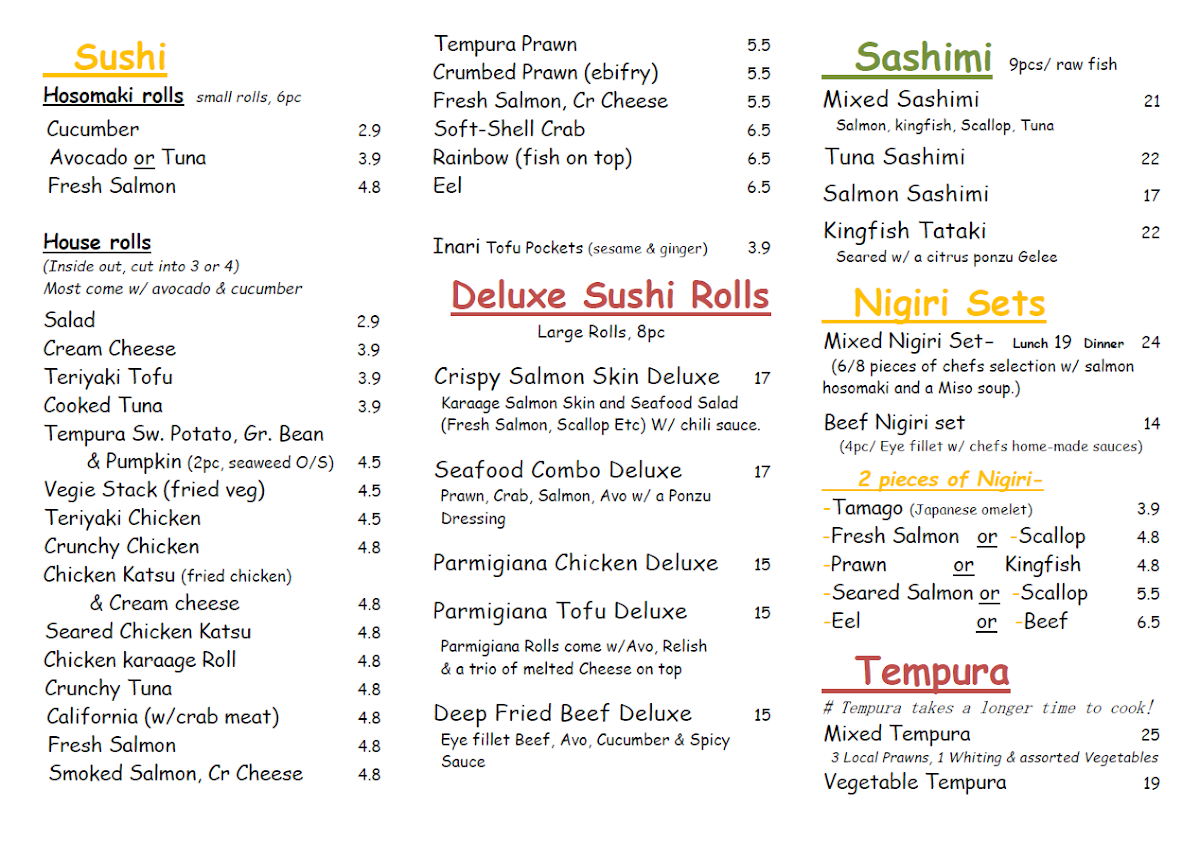 Menu, Sushi Yah-man