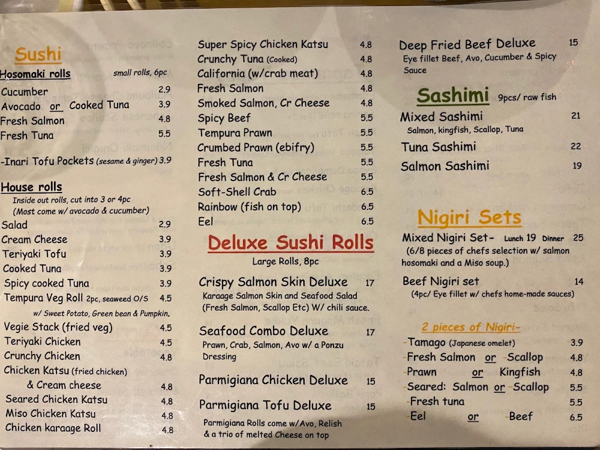 Menu, Sushi Yah-man