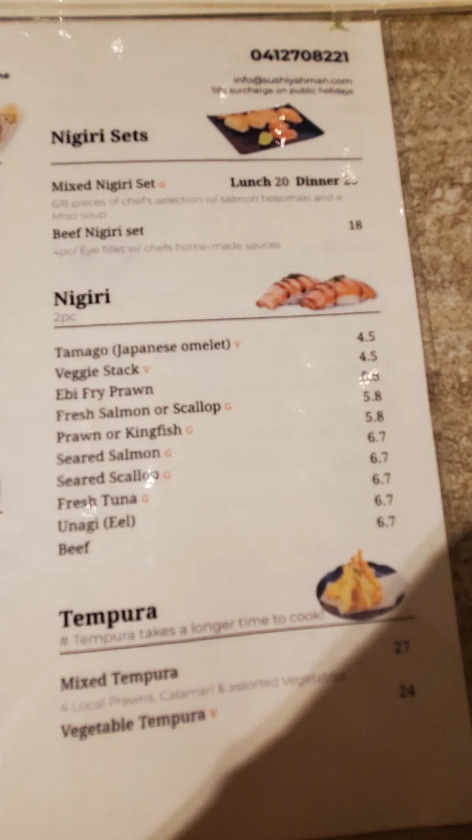 Menu, Sushi Yah-man