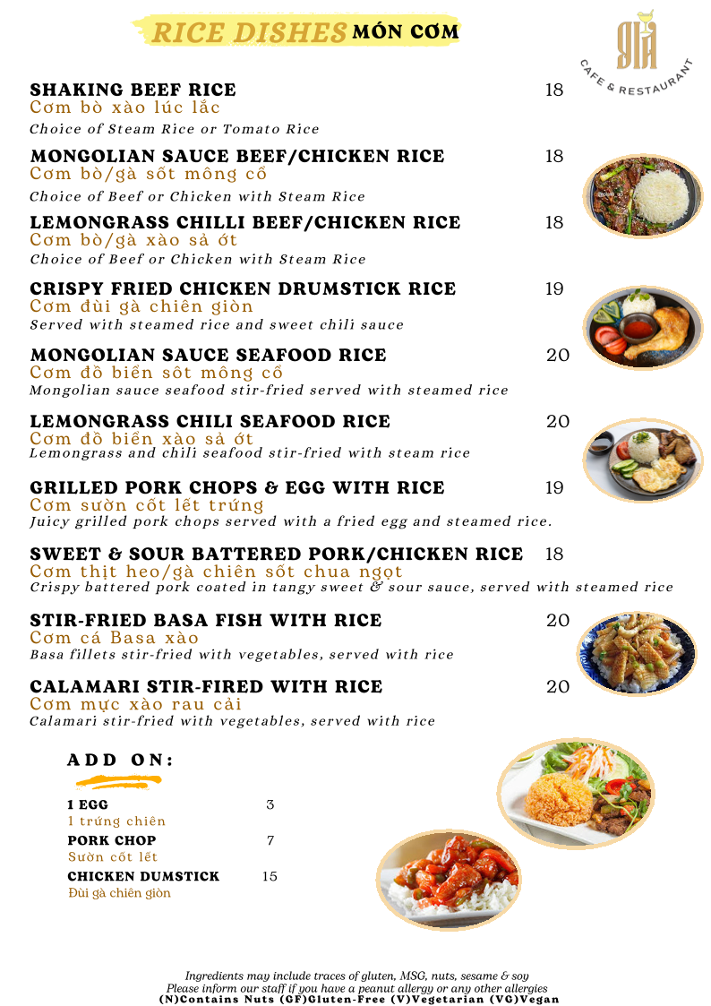 Menu, GIA Cafe & Restaurant