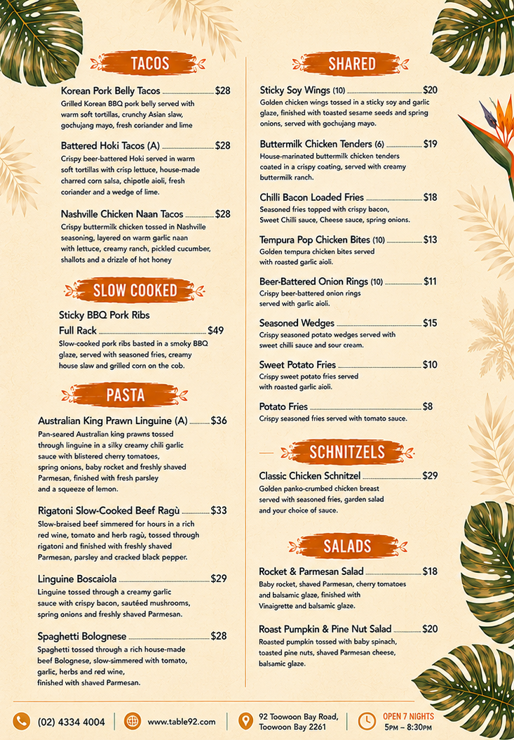 Menu, Table 92