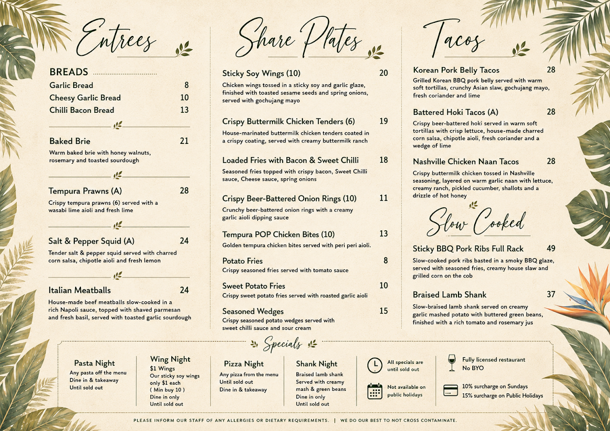 Menu, Table 92