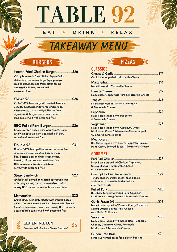 Menu, Table 92