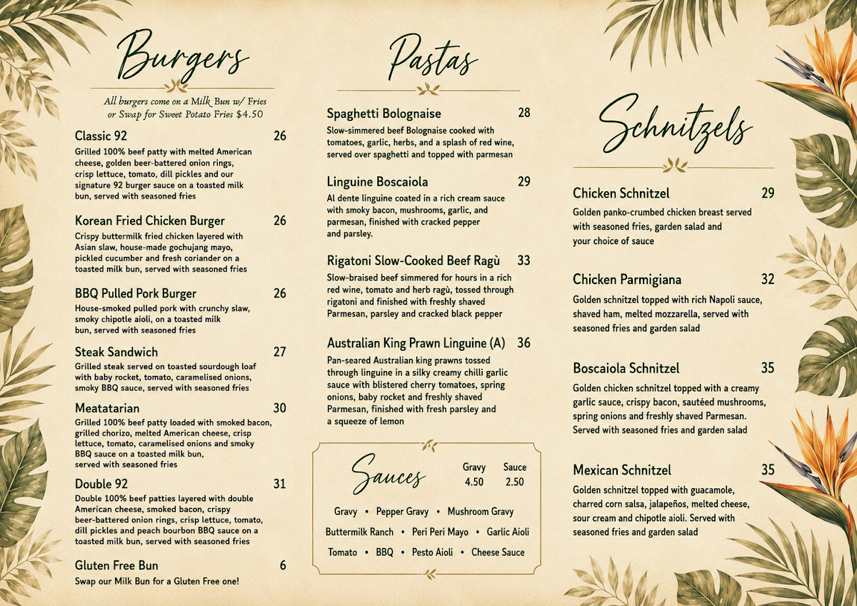 Menu, Table 92