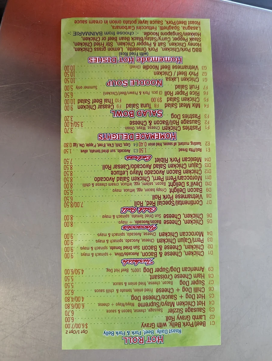 Menu, Red's Lunch Bar