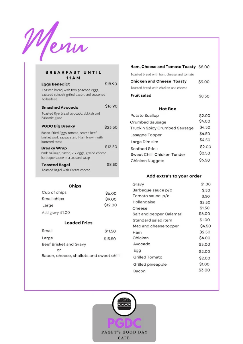 Menu, Paget's Good Day Cafe & Catering