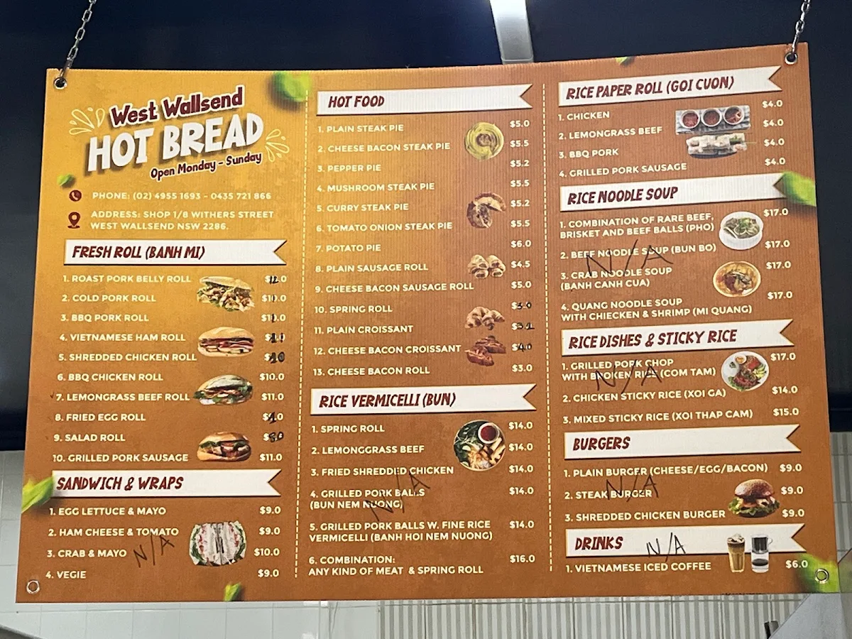 Menu, West Wallsend Hot Bread Shop