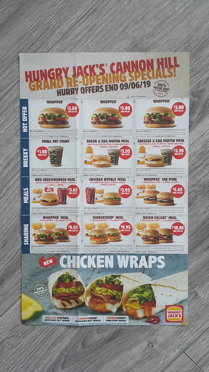 Menu, Hungry Jack's Burgers Cannon Hill