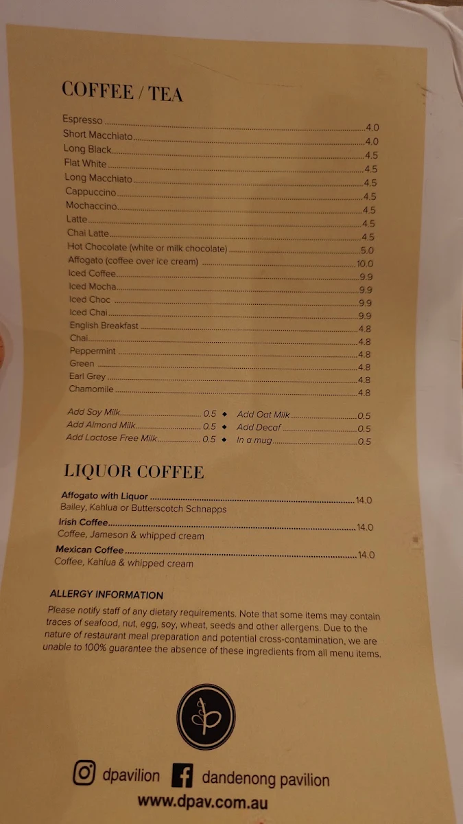 Menu, Dandenong Pavilion