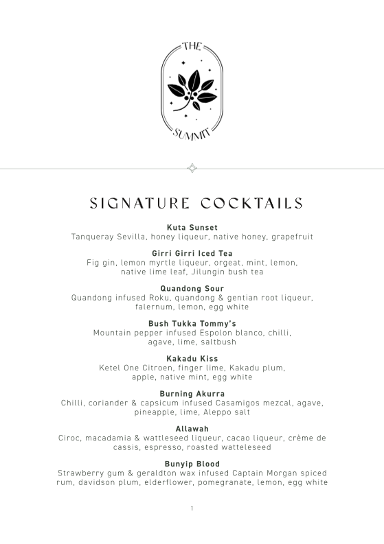 Menu, The Summit Restaurant & Bar