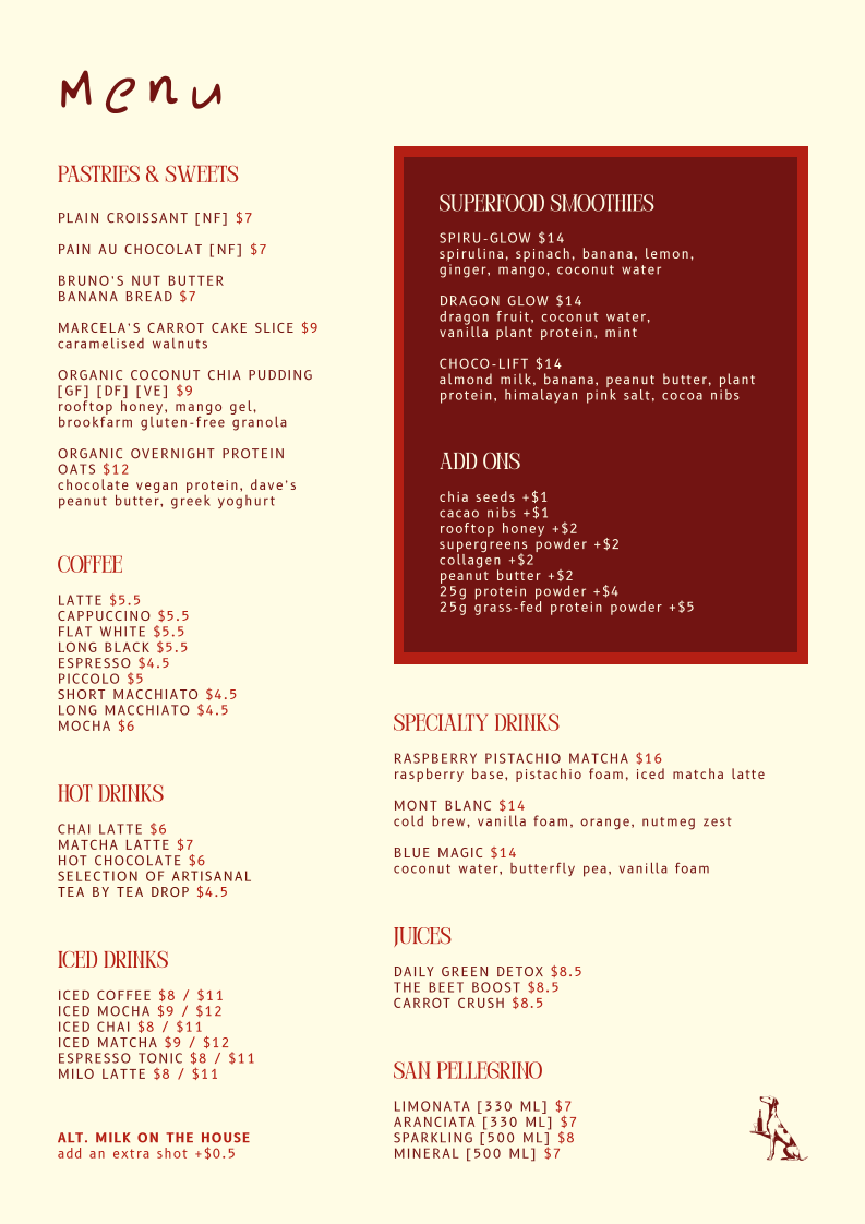 Menu, Bruno's Cafe