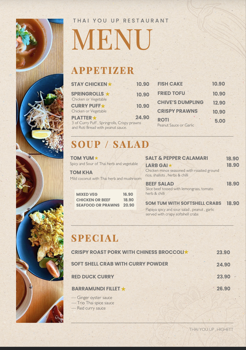 Menu, Thai You Up restaurant