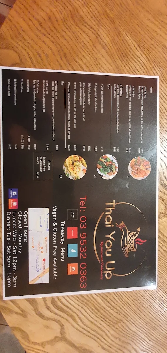 Menu, Thai You Up restaurant