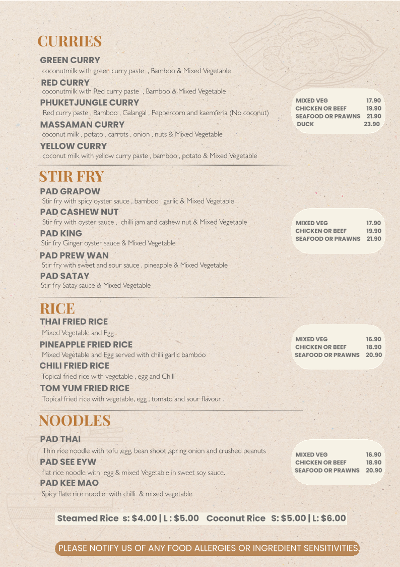 Menu, Thai You Up restaurant
