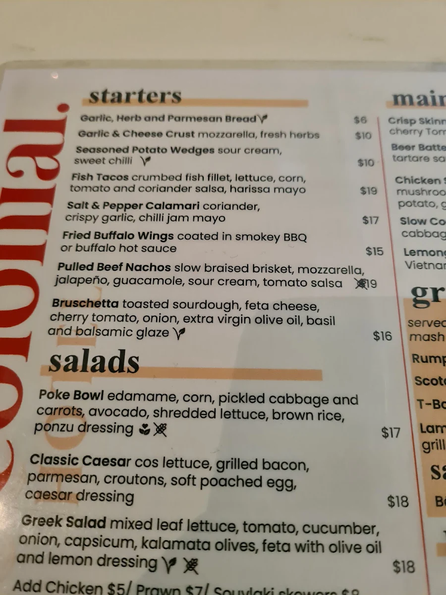 Menu, Colonial Hotel