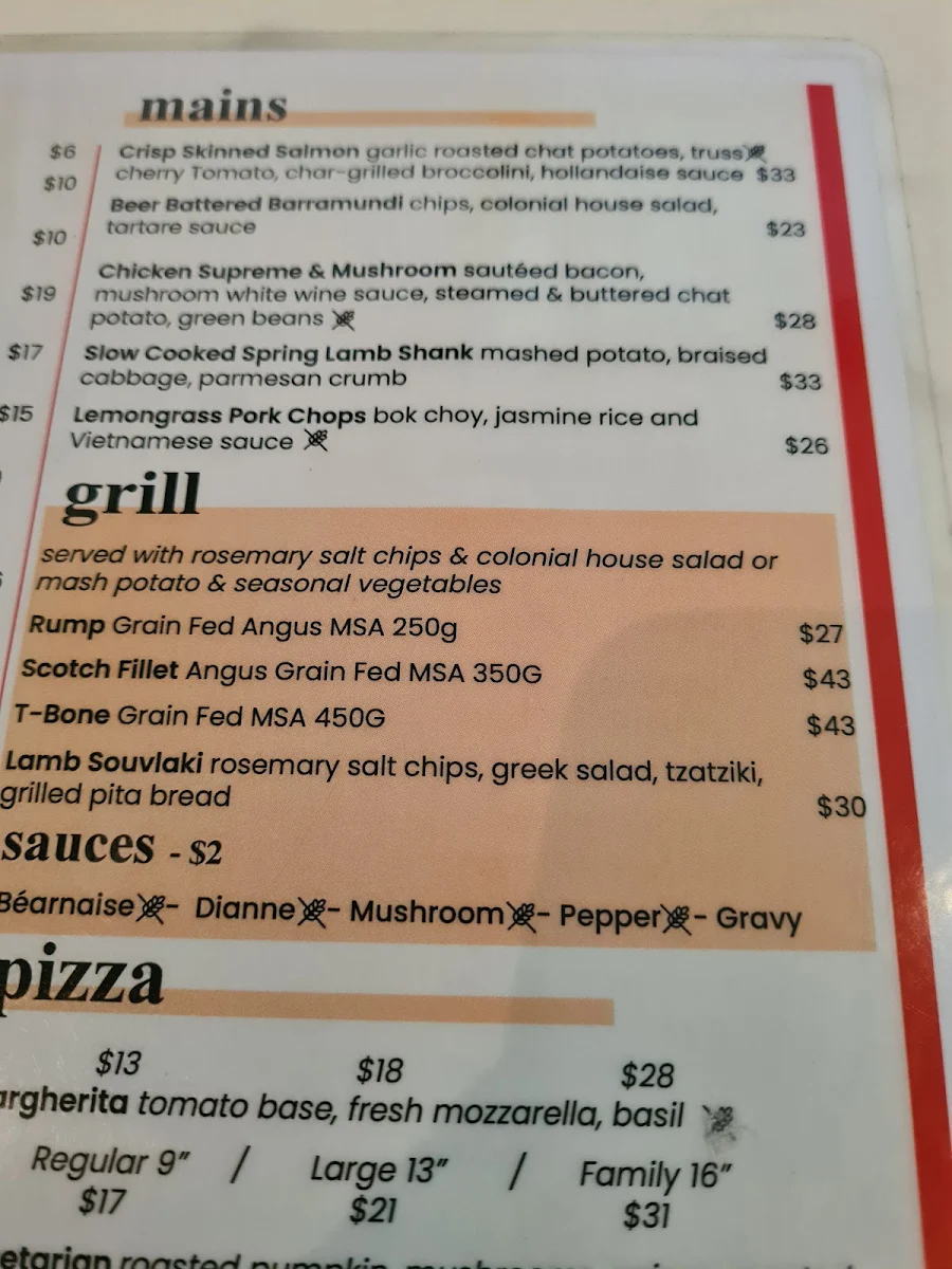 Menu, Colonial Hotel