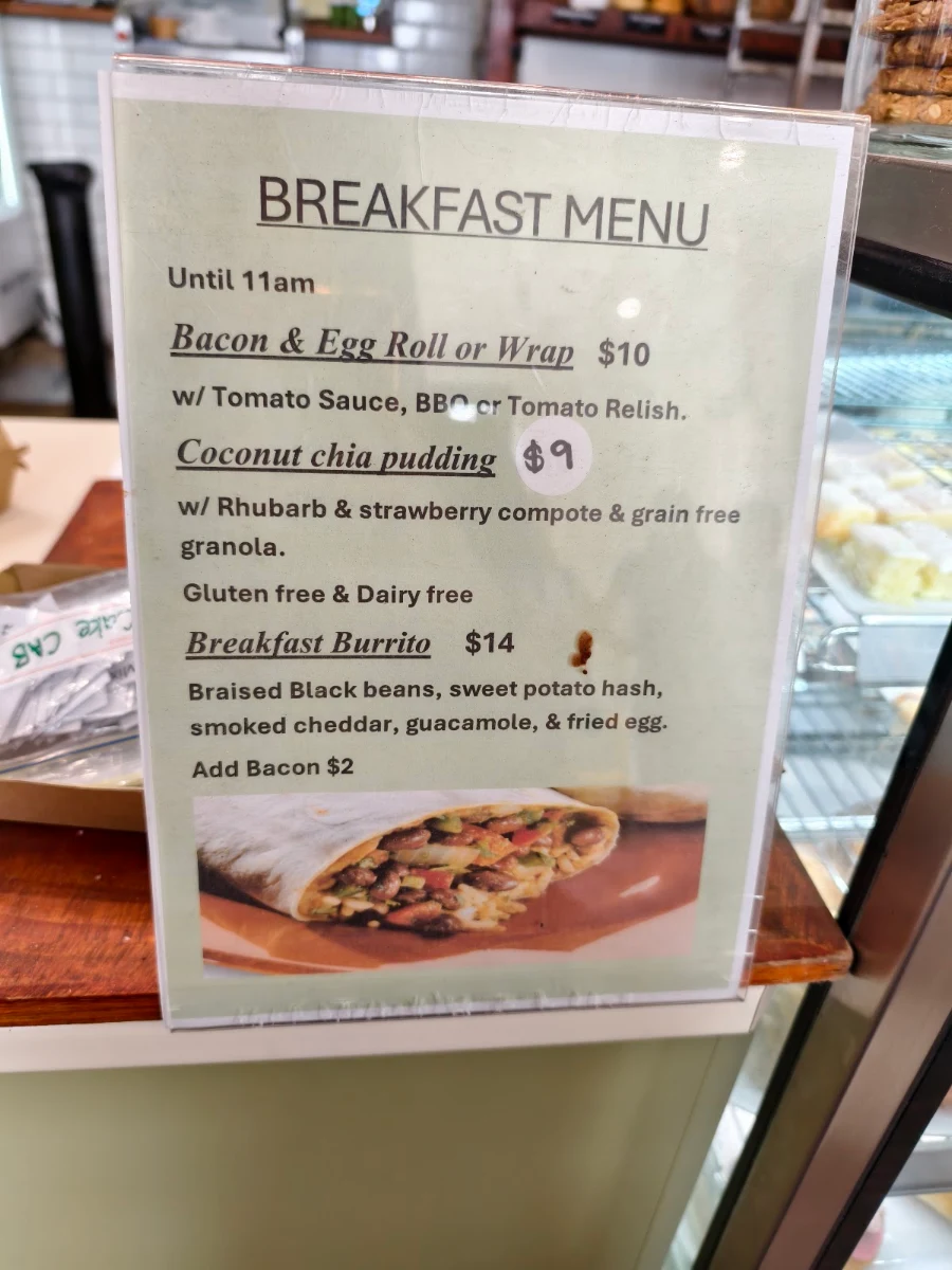 Menu, Heritage Bakery