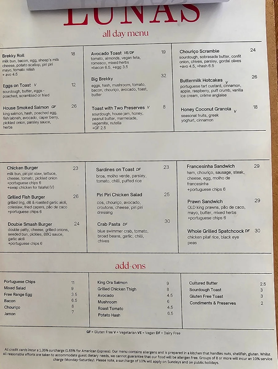 Menu, Lunas