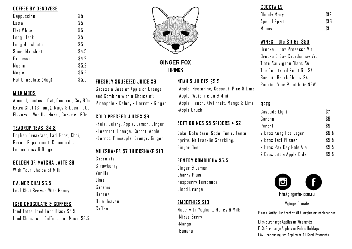 Menu, Ginger Fox Cafe