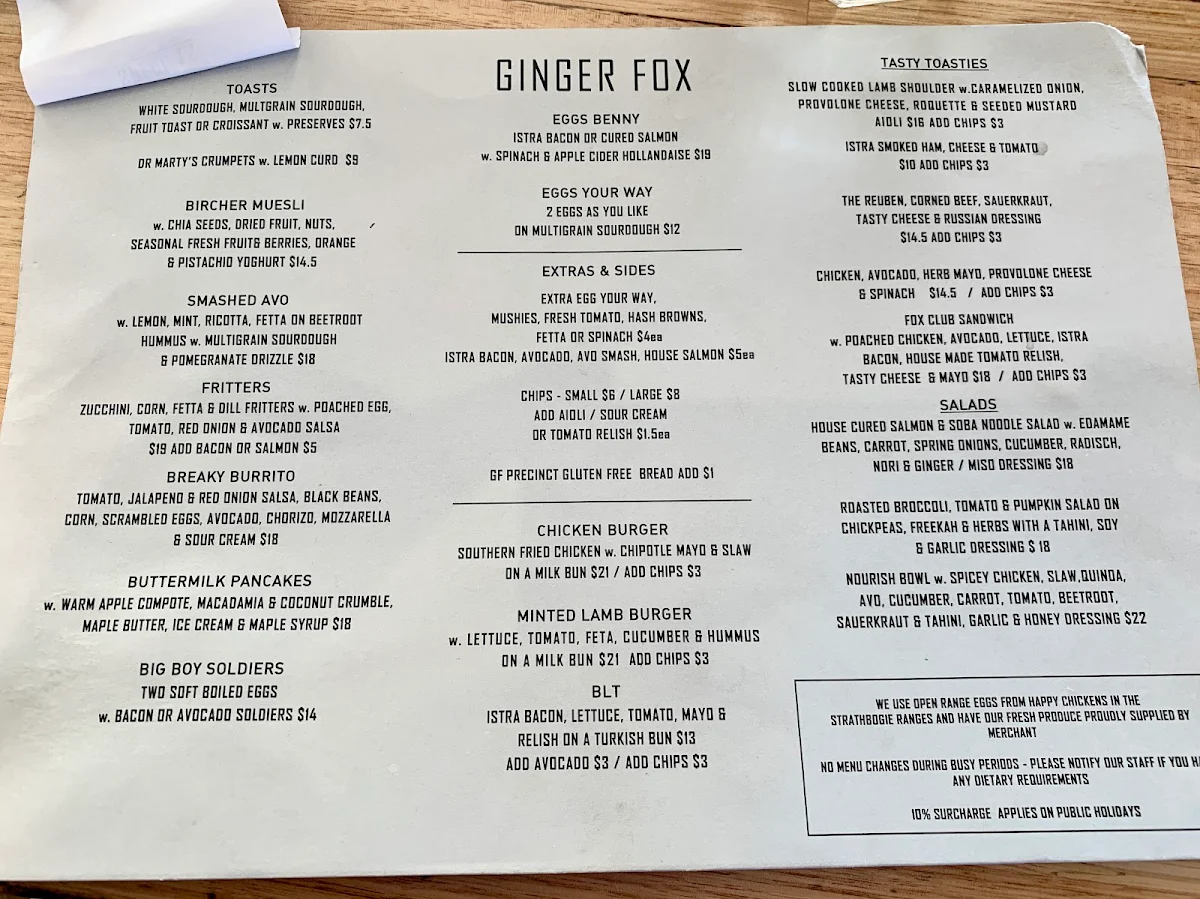 Menu, Ginger Fox Cafe