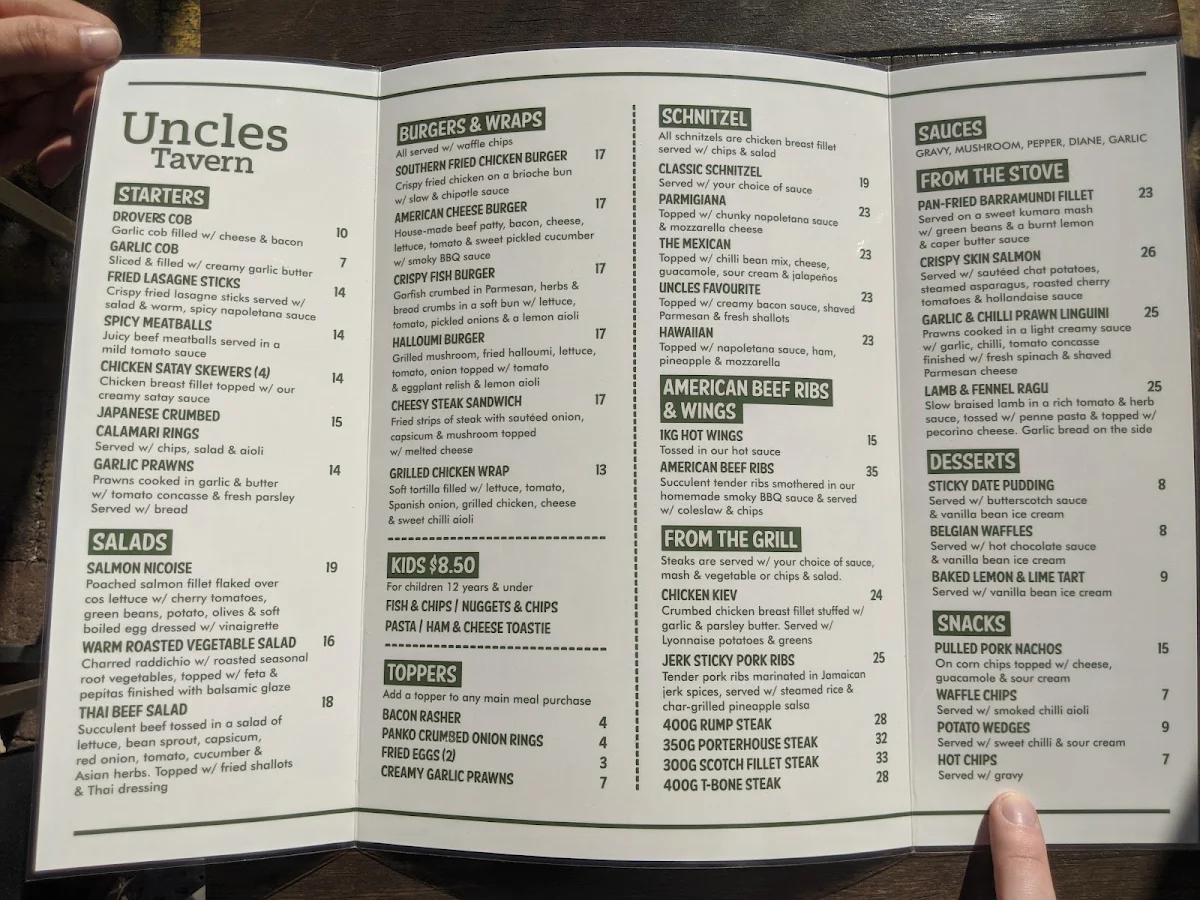 Menu, Uncles Tavern
