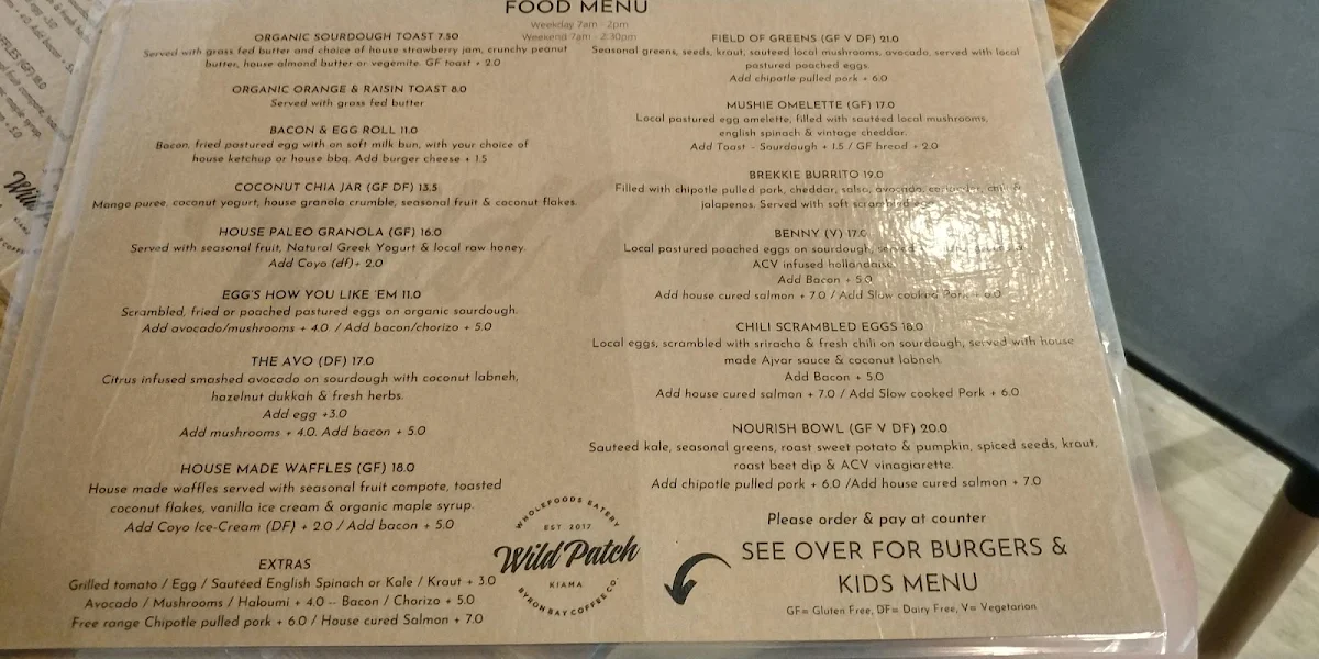 Menu, Wild Patch Cafe