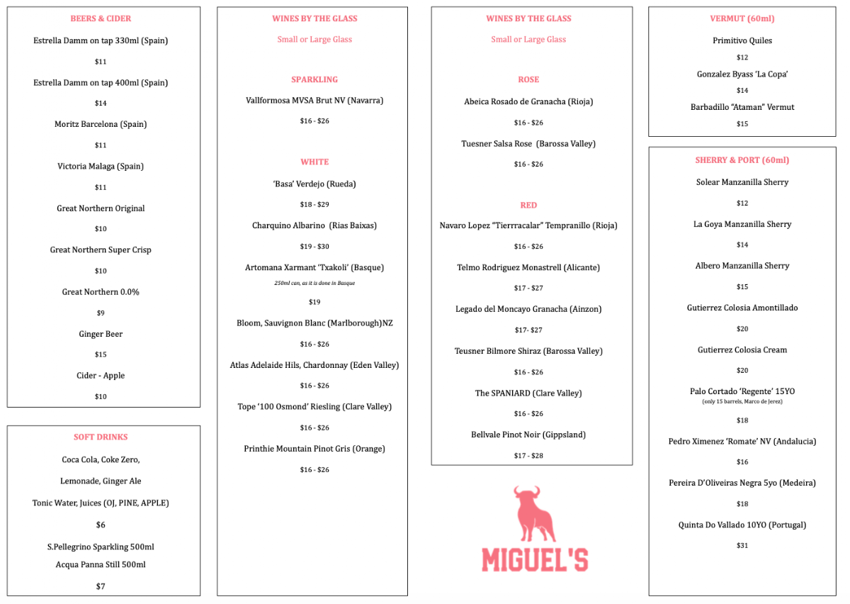 Menu, Miguel's
