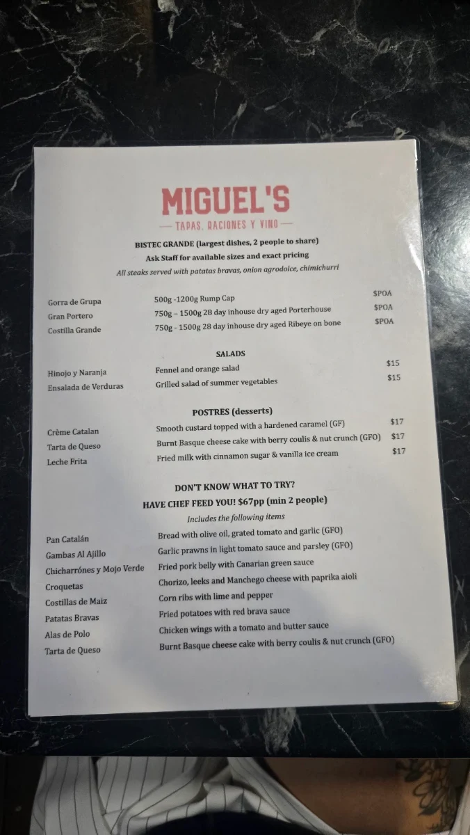 Menu, Miguel's