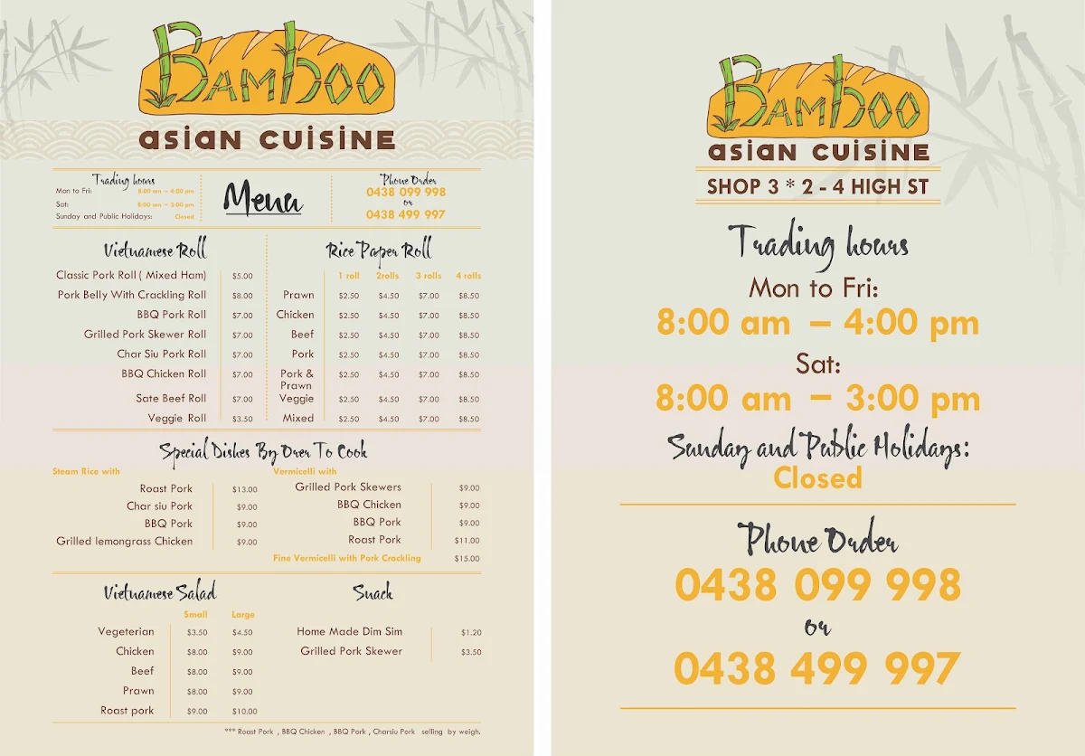 Menu, Bamboo Asian Cuisine