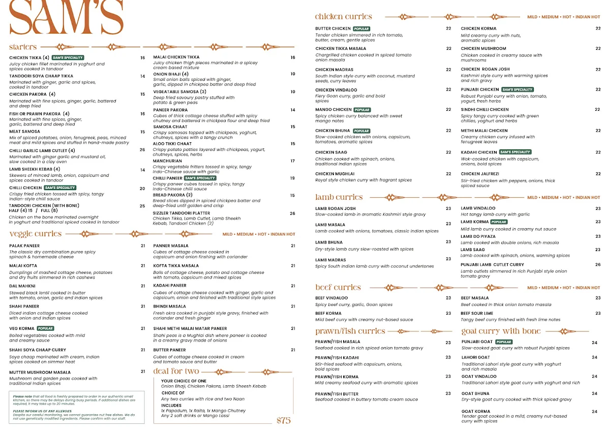 Menu, Sam's Indian Cuisine - Augustine Heights